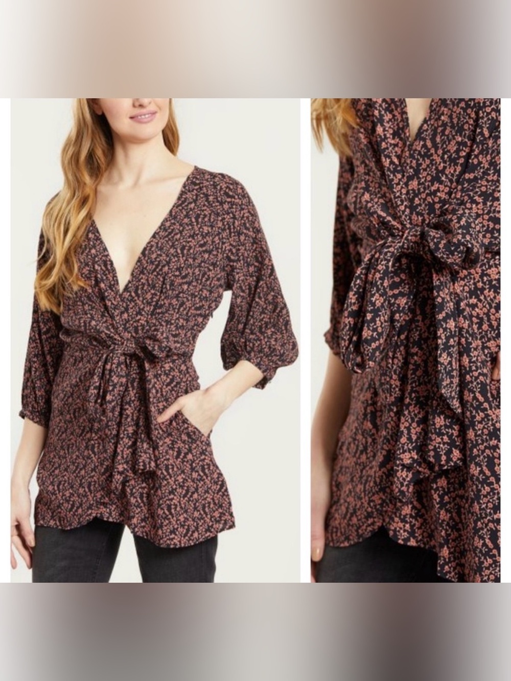 Free People Clara Floral Tunic Mini Dress 3/4 Sleeve Black Coral Orange Medium